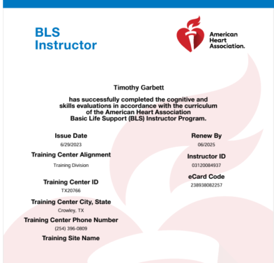American Heart Association Basic Life Support Instructor Certification Timothy Garbett